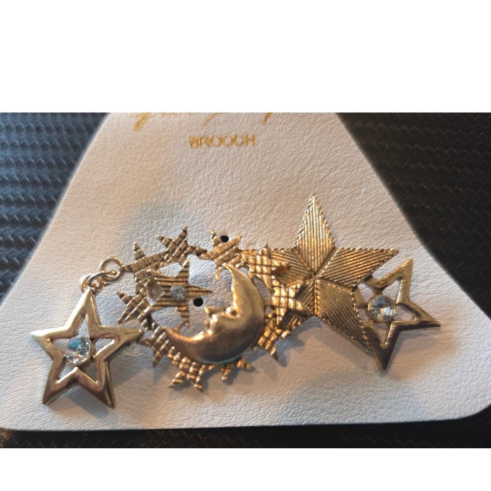 FREE PEOPLE HARMONY BROOCH MOON & STARS GOLD NWT